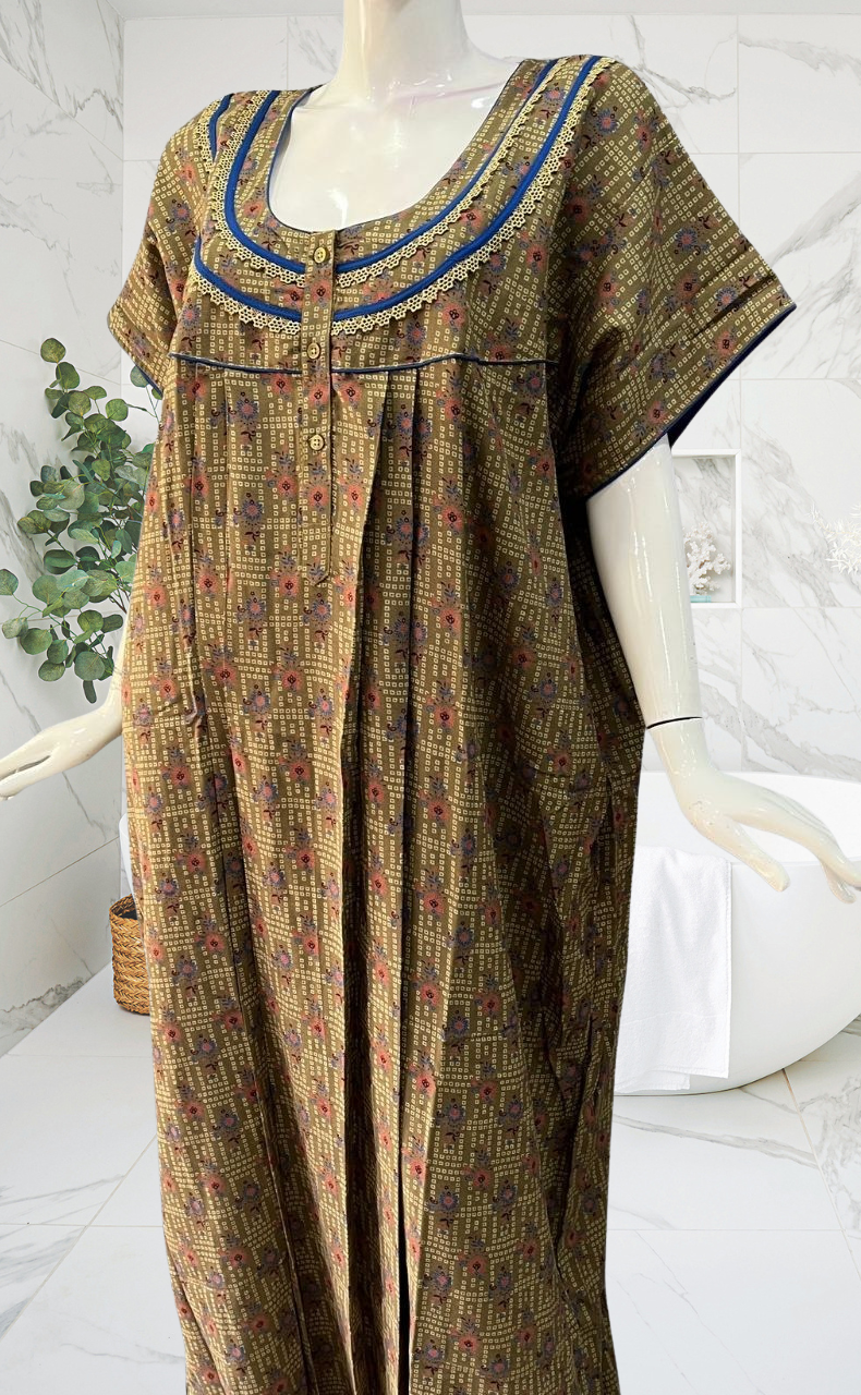 Olive Green Dots Spun Nighty. Flowy Spun Fabric | Laces and Frills - Laces and Frills