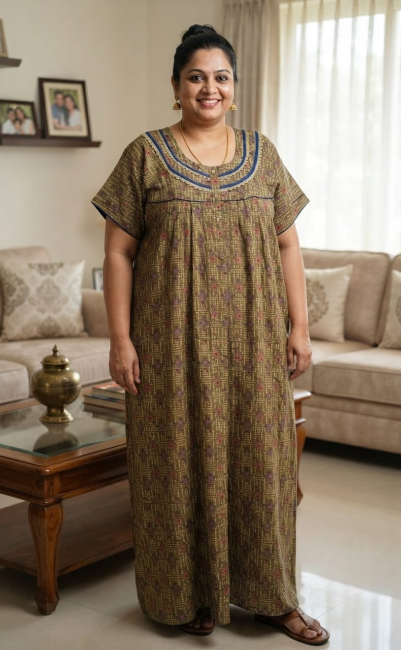 Olive Green Dots Spun Nighty. Flowy Spun Fabric | Laces and Frills