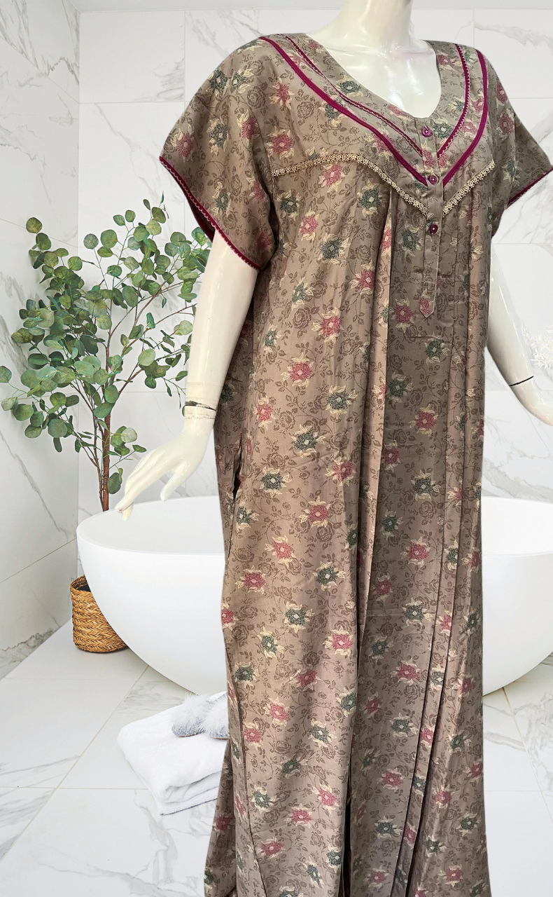 Grey/Pink Floral Spun Nighty. Flowy Spun Fabric | Laces and Frills - Laces and Frills