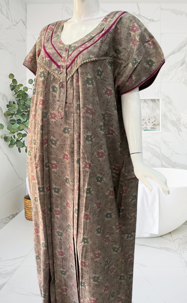 Grey/Pink Floral Spun Nighty. Flowy Spun Fabric | Laces and Frills - Laces and Frills