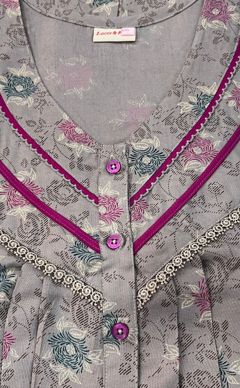 Grey/Pink Floral Spun Nighty. Flowy Spun Fabric | Laces and Frills - Laces and Frills