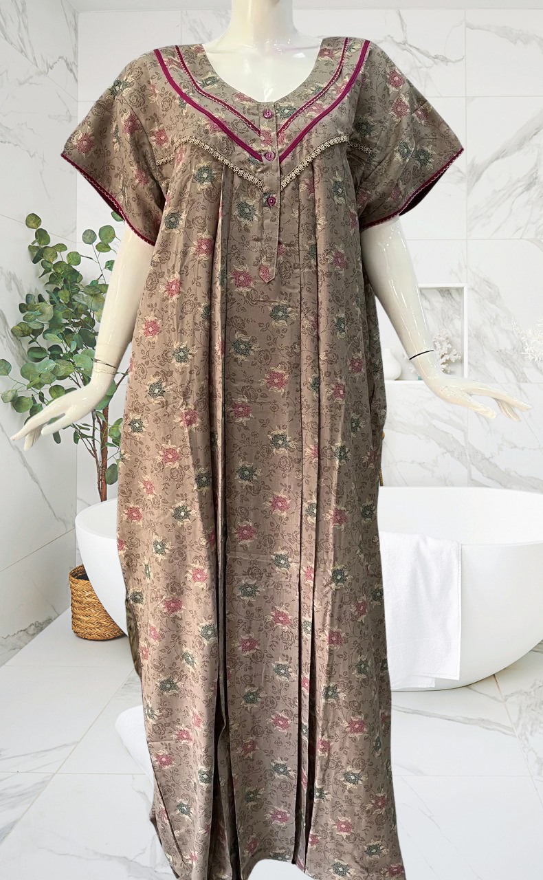 Grey/Pink Floral Spun Nighty. Flowy Spun Fabric | Laces and Frills - Laces and Frills