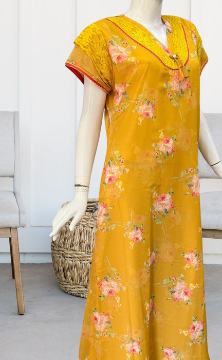 Yellow Floral Chiffon Slim Fit Nighty . Delicate Chiffon | Laces and Frills - Laces and Frills