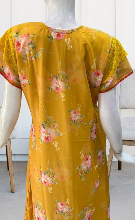 Yellow Floral Chiffon Slim Fit Nighty . Delicate Chiffon | Laces and Frills - Laces and Frills
