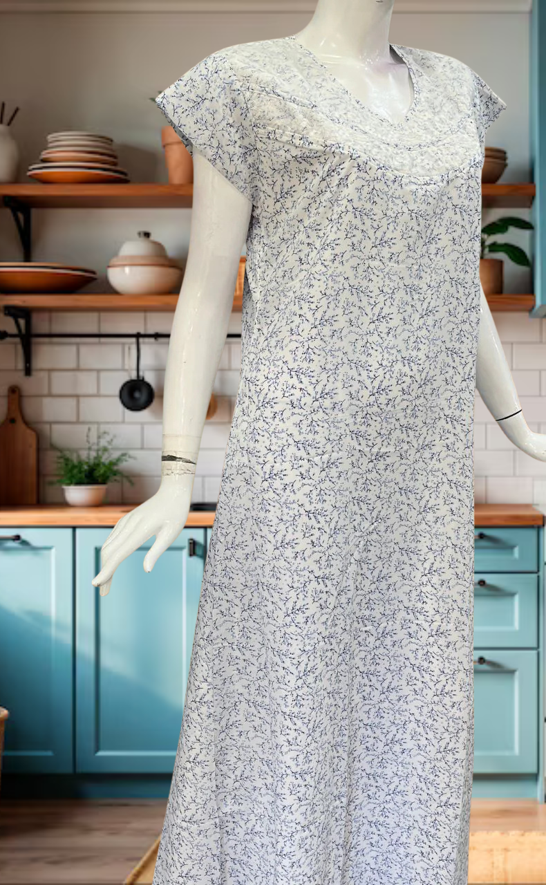 White/Blue Floral Chiffon Nighty. Delicate Chiffon | Laces and Frills - Laces and Frills