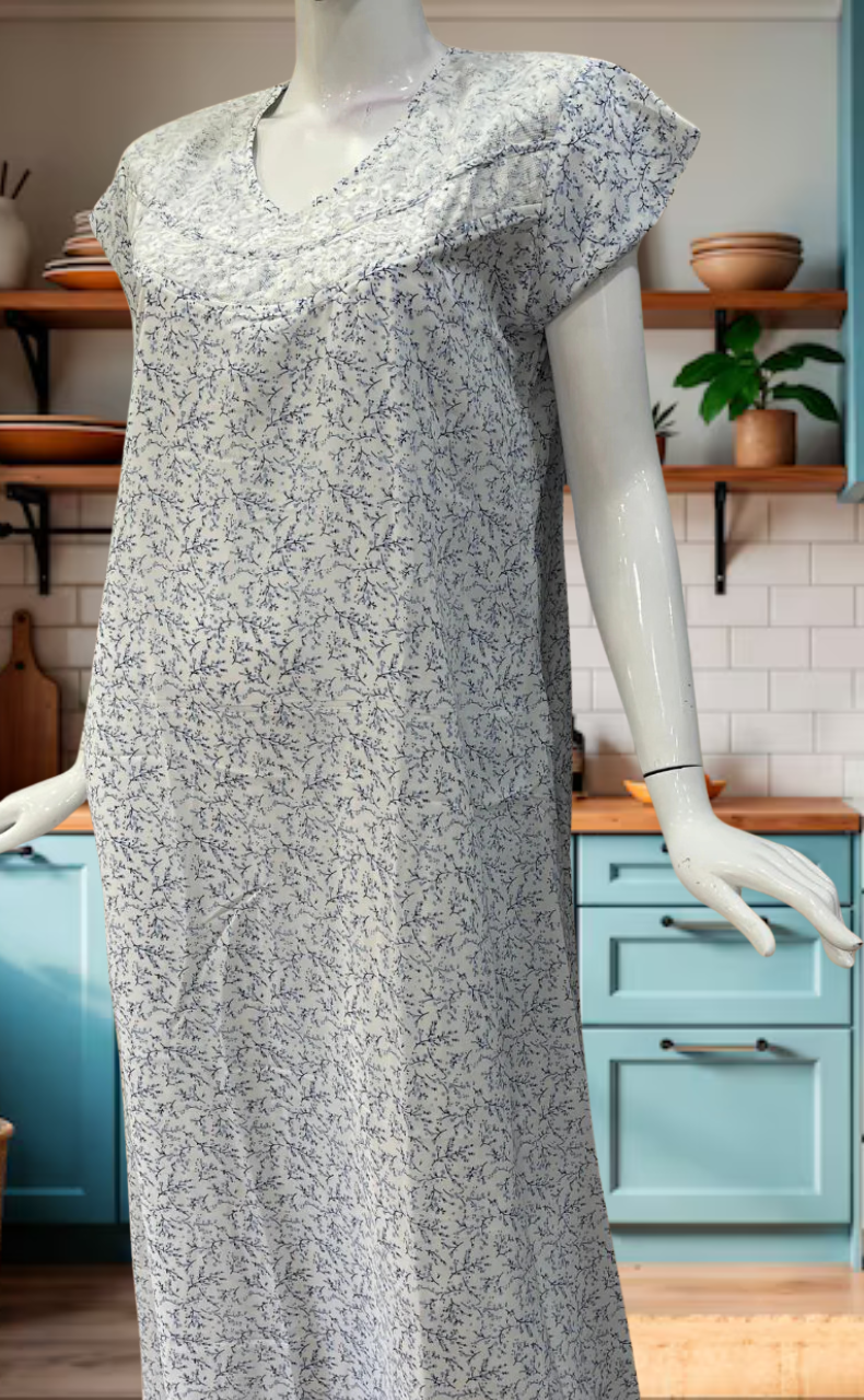 White/Blue Floral Chiffon Nighty. Delicate Chiffon | Laces and Frills - Laces and Frills