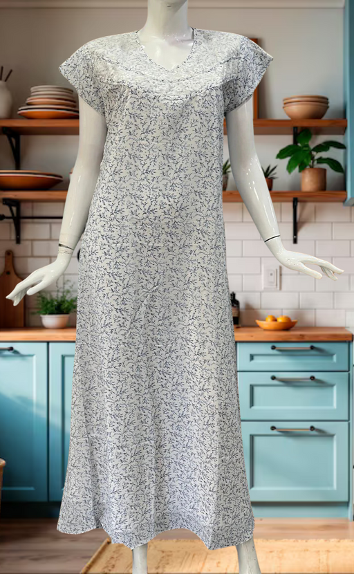 White/Blue Floral Chiffon Nighty. Delicate Chiffon | Laces and Frills - Laces and Frills