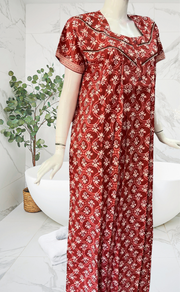 Maroon Floral Pure Cotton Nighty. Pure Durable Cotton | Laces and Frills - Laces and Frills