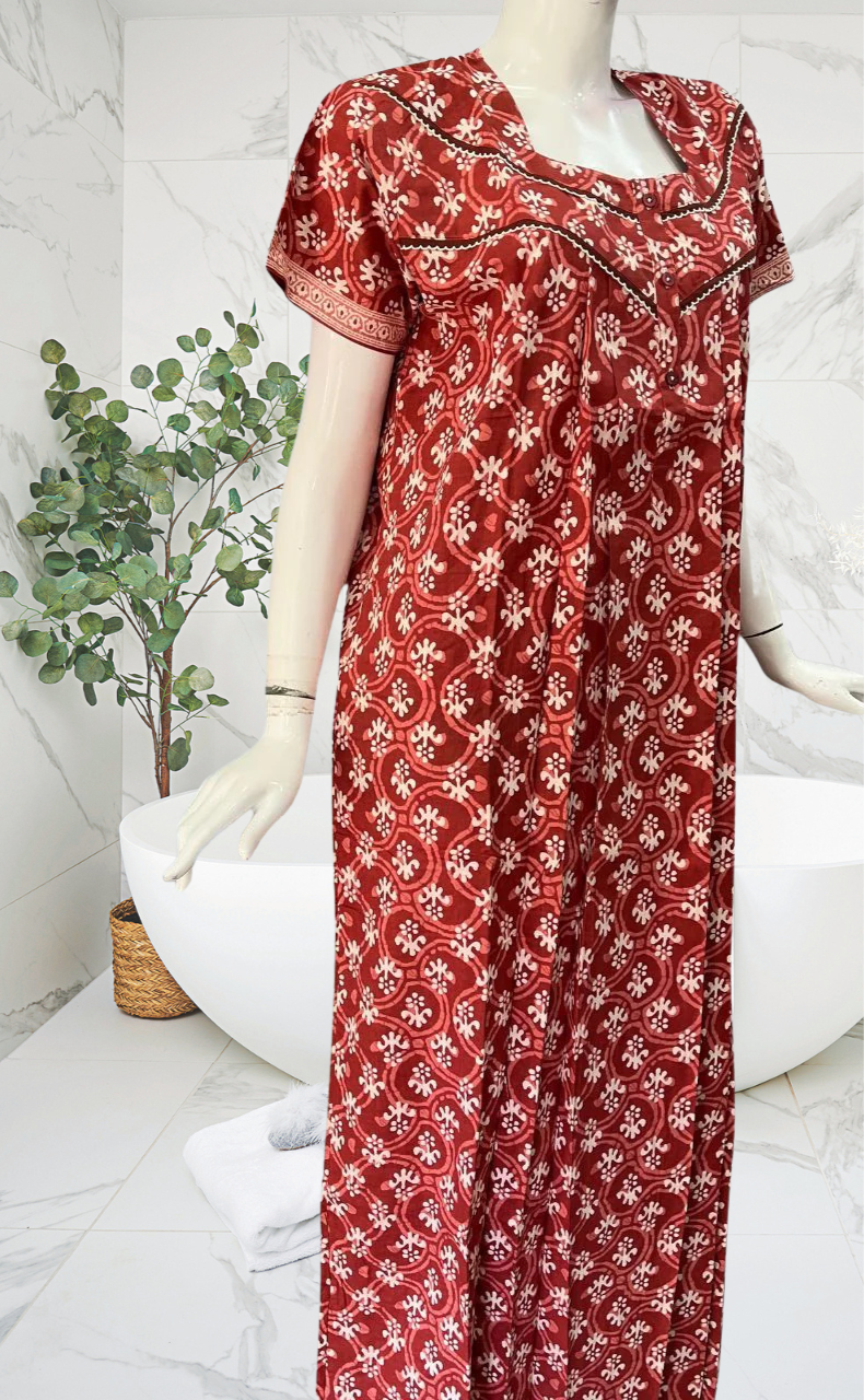 Maroon Floral Pure Cotton Nighty. Pure Durable Cotton | Laces and Frills - Laces and Frills