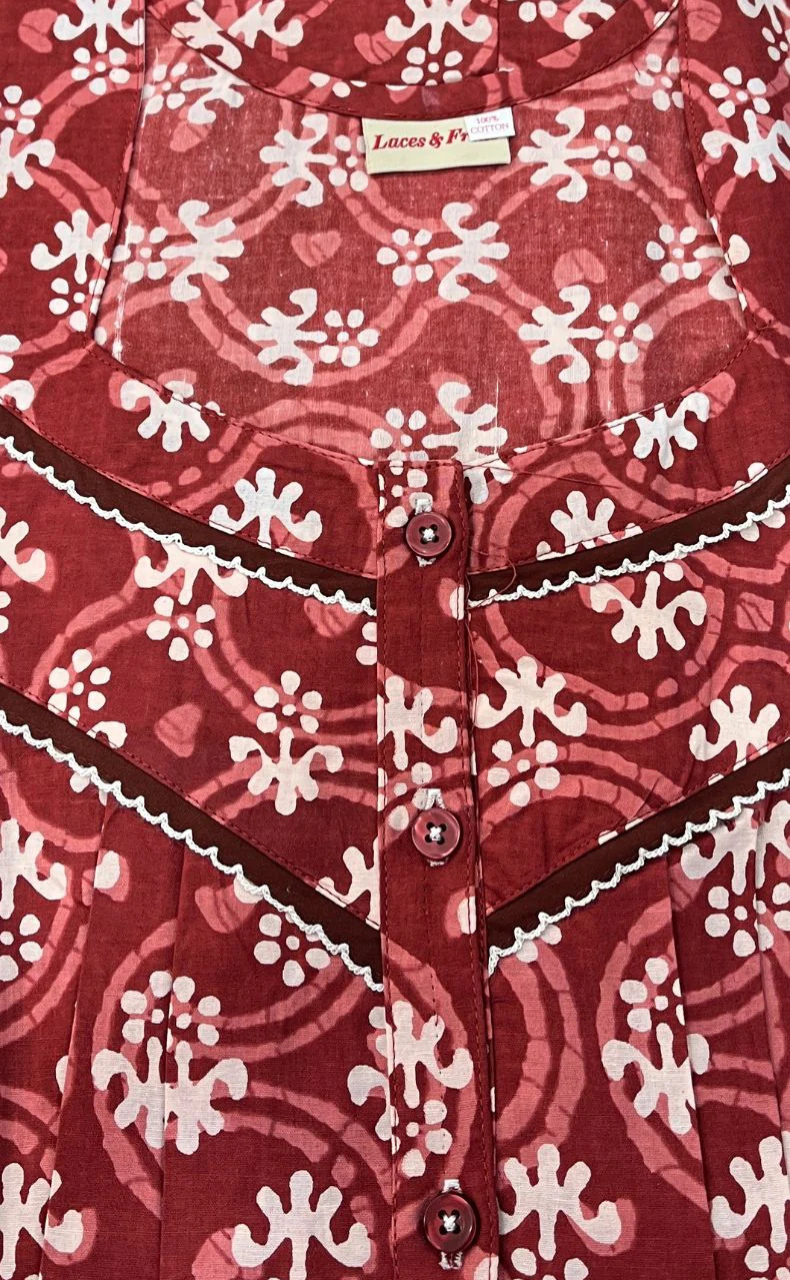 Maroon Floral Pure Cotton Nighty. Pure Durable Cotton | Laces and Frills - Laces and Frills