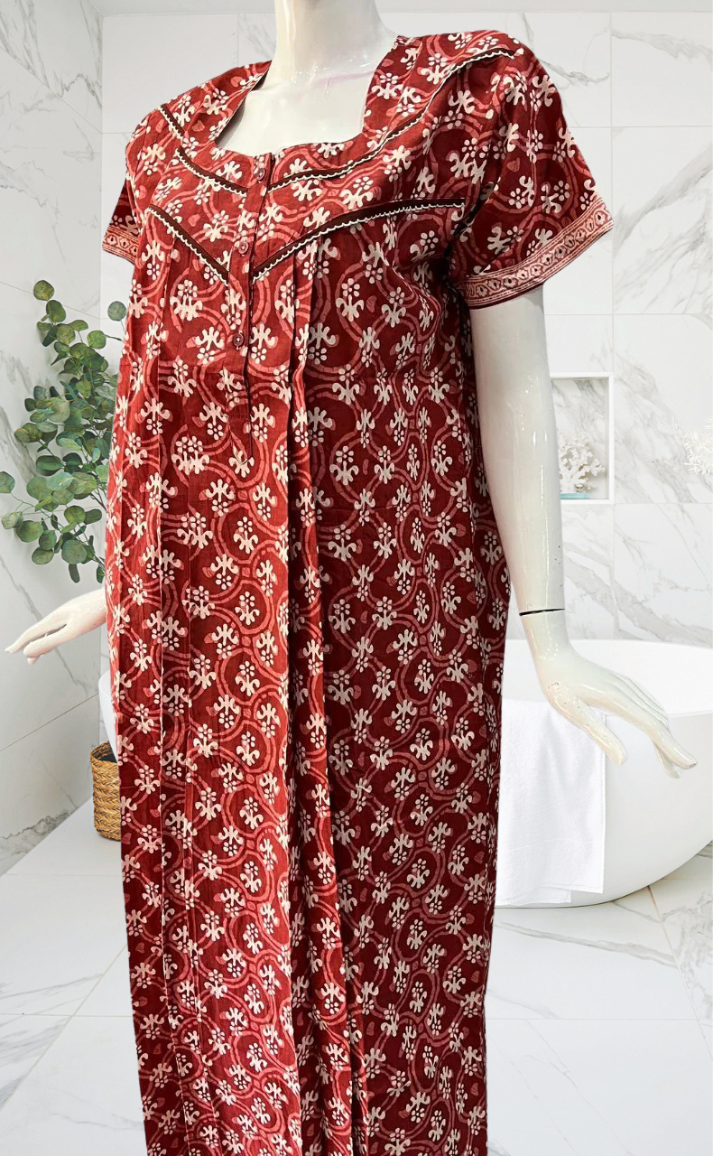 Maroon Floral Pure Cotton Nighty. Pure Durable Cotton | Laces and Frills - Laces and Frills