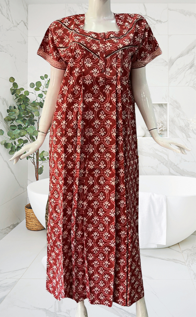 Maroon Floral Pure Cotton Nighty. Pure Durable Cotton | Laces and Frills - Laces and Frills