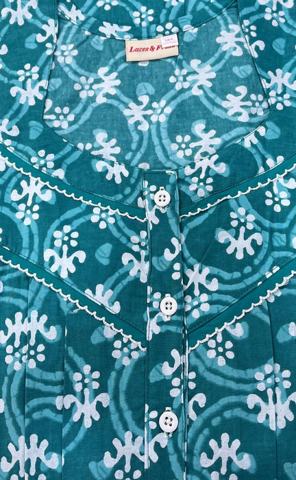 Sea Green Floral Pure Cotton Free Size Large Nighty . Pure Durable Cotton | Laces and Frills - Laces and Frills