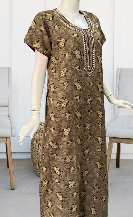 Brown/Cream Embroidery Spun Free Size Nighty . Flowy Spun Fabric | Laces and Frills - Laces and Frills