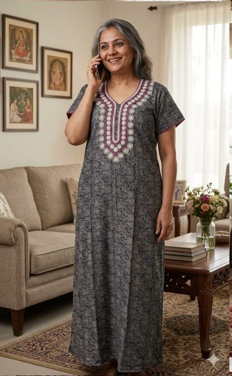 Navy Blue Embroidery Spun Nighty. Flowy Spun Fabric | Laces and Frills - Laces and Frills