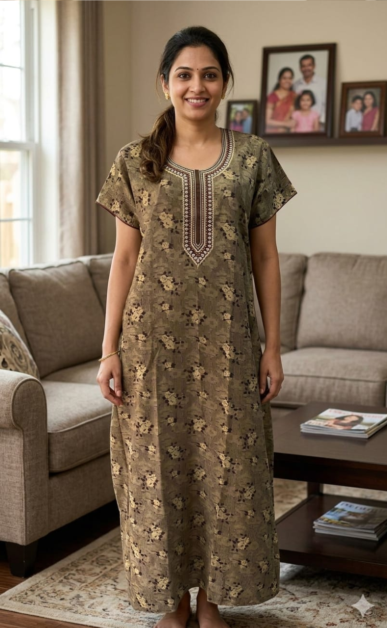 Brown Embroidery Spun Nighty. Flowy Spun Fabric | Laces and Frills - Laces and Frills