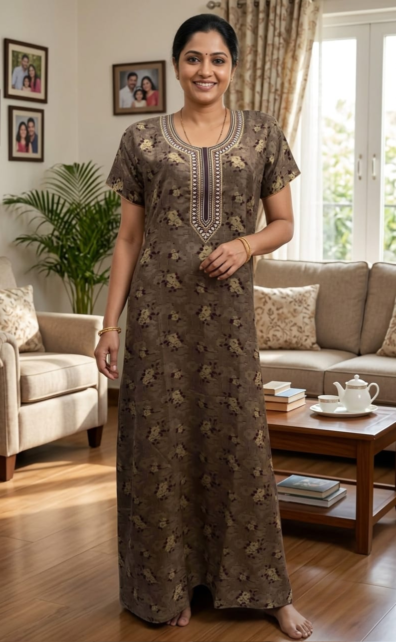 Wine Purple Embroidery Spun Nighty. Flowy Spun Fabric | Laces and Frills