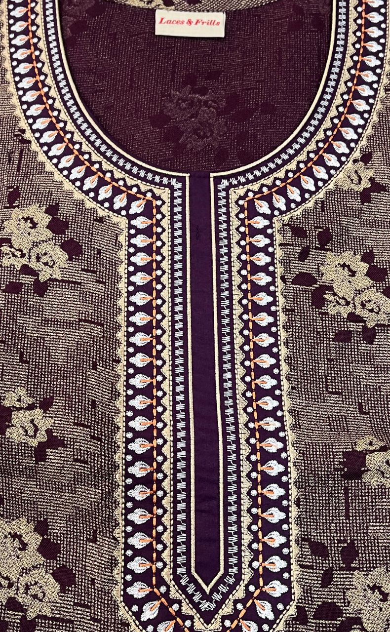 Wine Purple Embroidery Spun Nighty. Flowy Spun Fabric | Laces and Frills