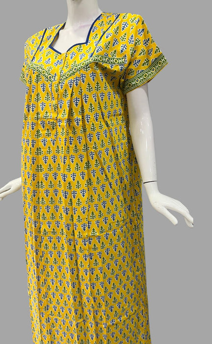 Yellow Leafy Pure Cotton Slim Fit Nighty . Pure Durable Cotton | Laces and Frills - Laces and Frills