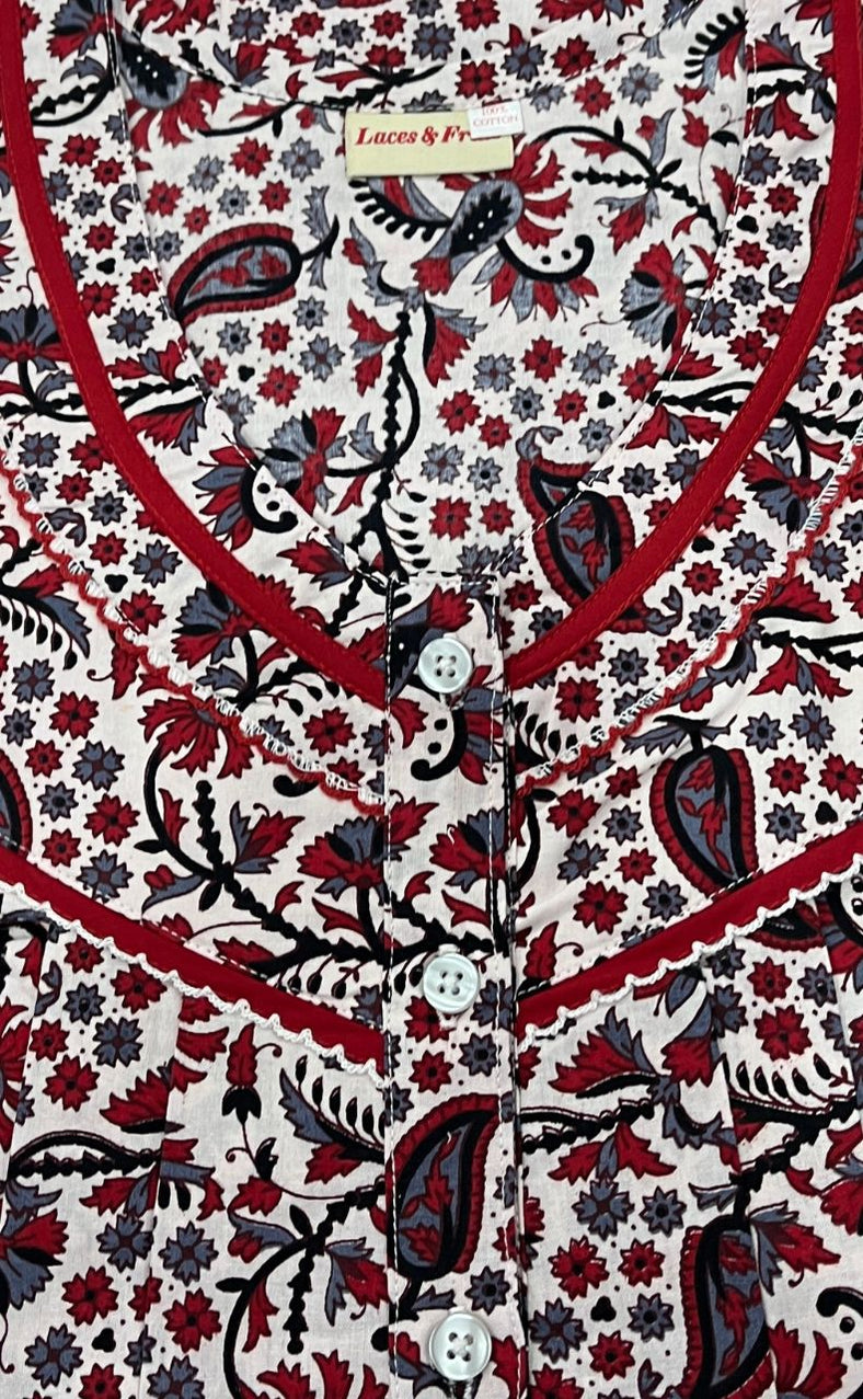 Black And Red Printed Premium Cotton Lace Nighty | Free Size | Chest Width 44″| Length 54″-56″ main image 0