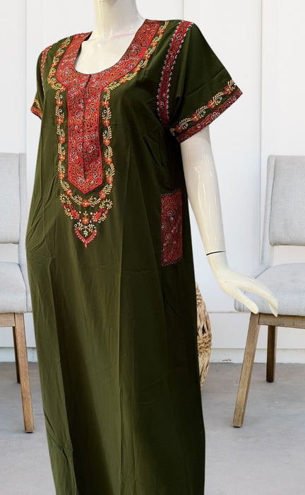 Mehndi Green Embroidery Soft Cotton Nighty. Pure Durable Cotton | Laces and Frills - Laces and Frills