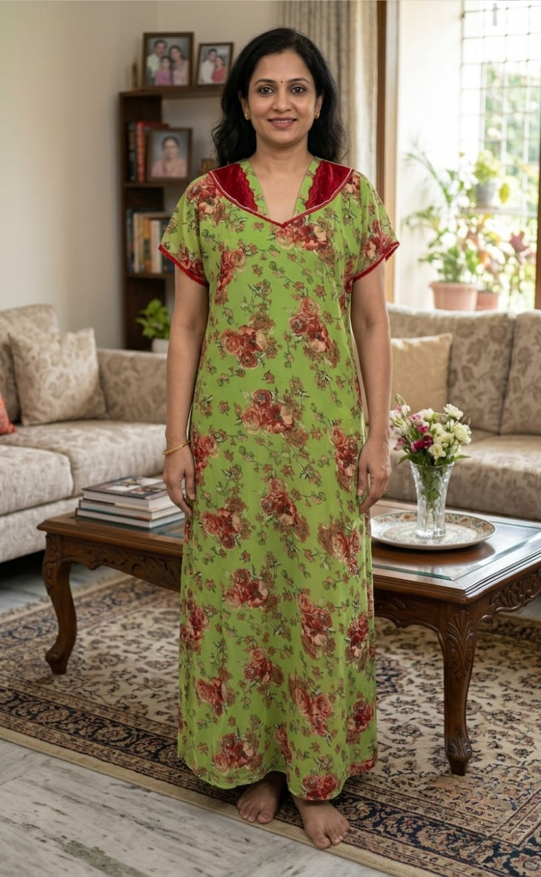 Green Floral Chiffon Nighty. Delicate Chiffon | Laces and Frills
