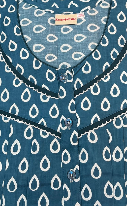 Light Indigo Blue Geometric Pure Cotton 3XL Nighty . Pure Durable Cotton | Laces and Frills - Laces and Frills