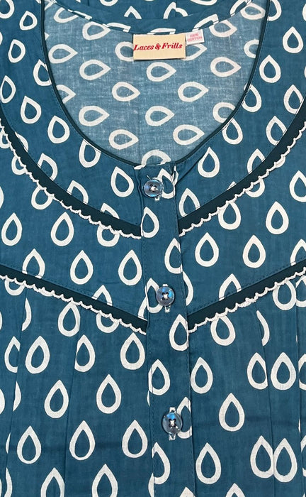 Light Indigo Blue Geometric Pure Cotton 5XL Nighty . Pure Durable Cotton | Laces and Frills - Laces and Frills