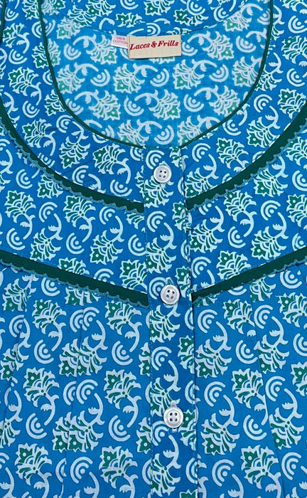 Sky Blue Garden Pure Cotton 3XL Nighty . Pure Durable Cotton | Laces and Frills - Laces and Frills