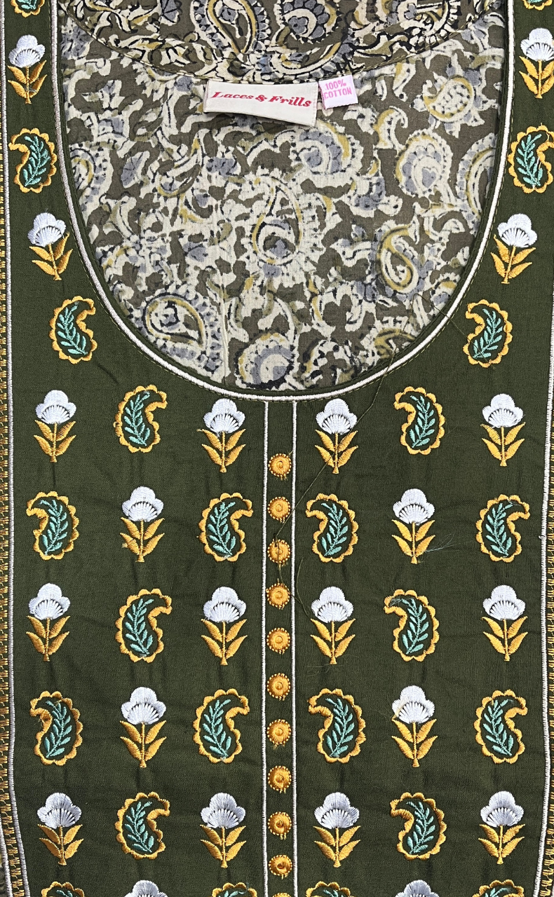 Mehndi Green Kalamkari Pure Cotton Nighty. Pure Durable Cotton | Laces and Frills