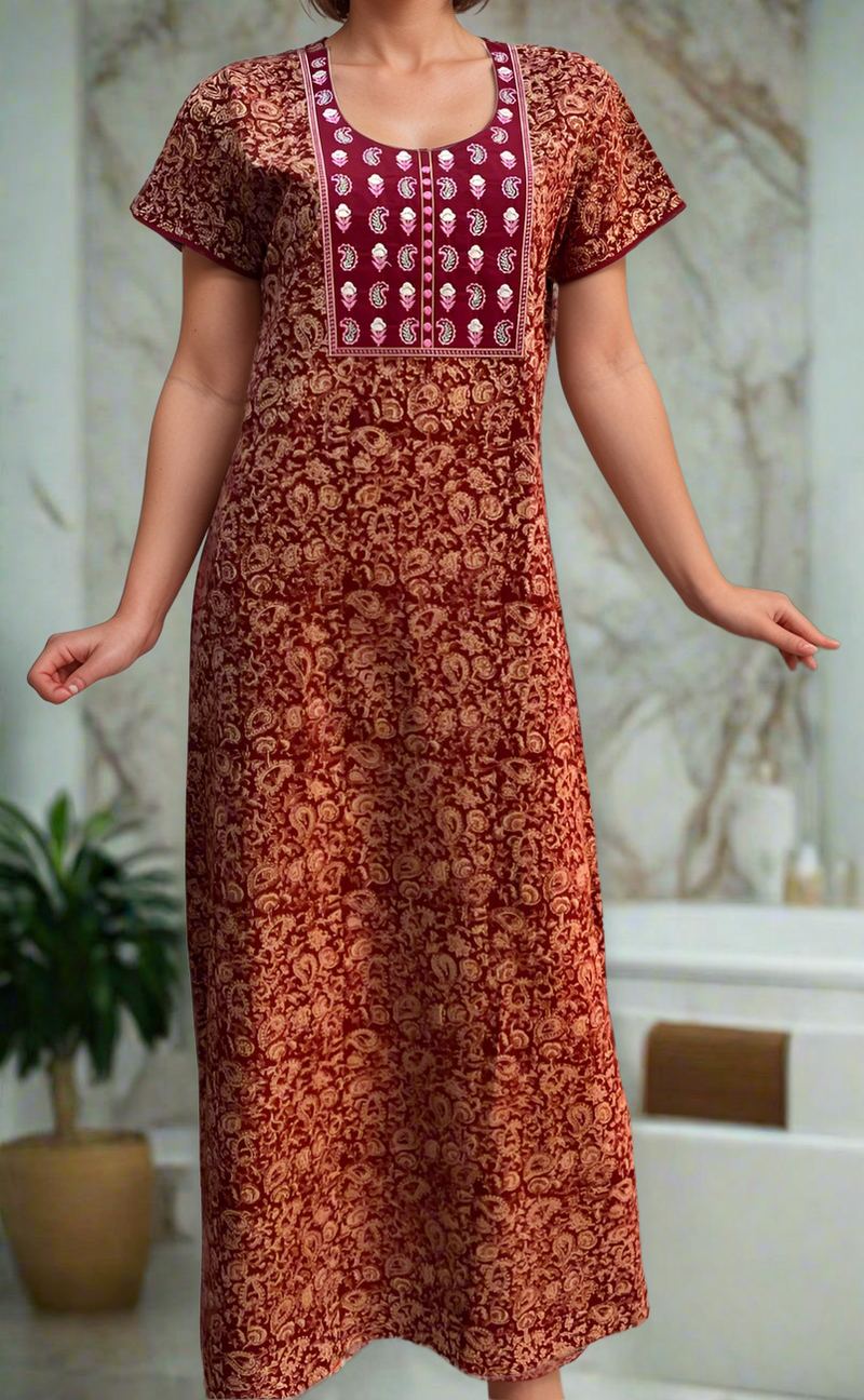 Maroon Kalamkari Pure Cotton Nighty. Pure Durable Cotton | Laces and Frills - Laces and Frills