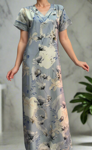 Light Blue Floral Satin Nighty. Soft Silky Satin | Laces and Frills - Laces and Frills