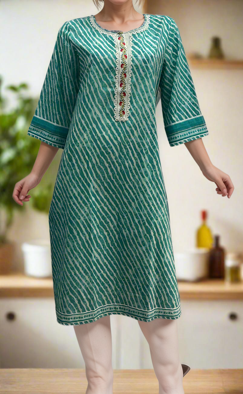 Turquoise Green Leheriya Print Cotton Kurti. Pure Versatile Cotton. | Laces and Frills - Laces and Frills