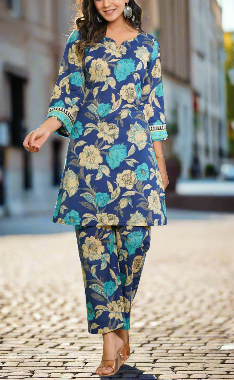 Blue Garden Jaipur Cotton Co-ord Set.Pure Versatile Cotton. | Laces and Frills - Laces and Frills