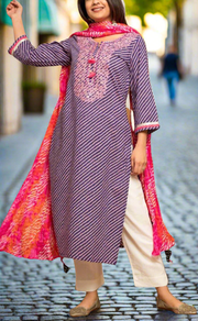 Purple/Pink Lehariya Kurti With Pant And Dupatta Set  .Pure Versatile Cotton. | Laces and Frills - Laces and Frills