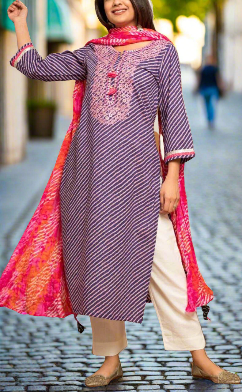 Purple/Pink Lehariya Kurti With Pant And Dupatta Set  .Pure Versatile Cotton. | Laces and Frills - Laces and Frills