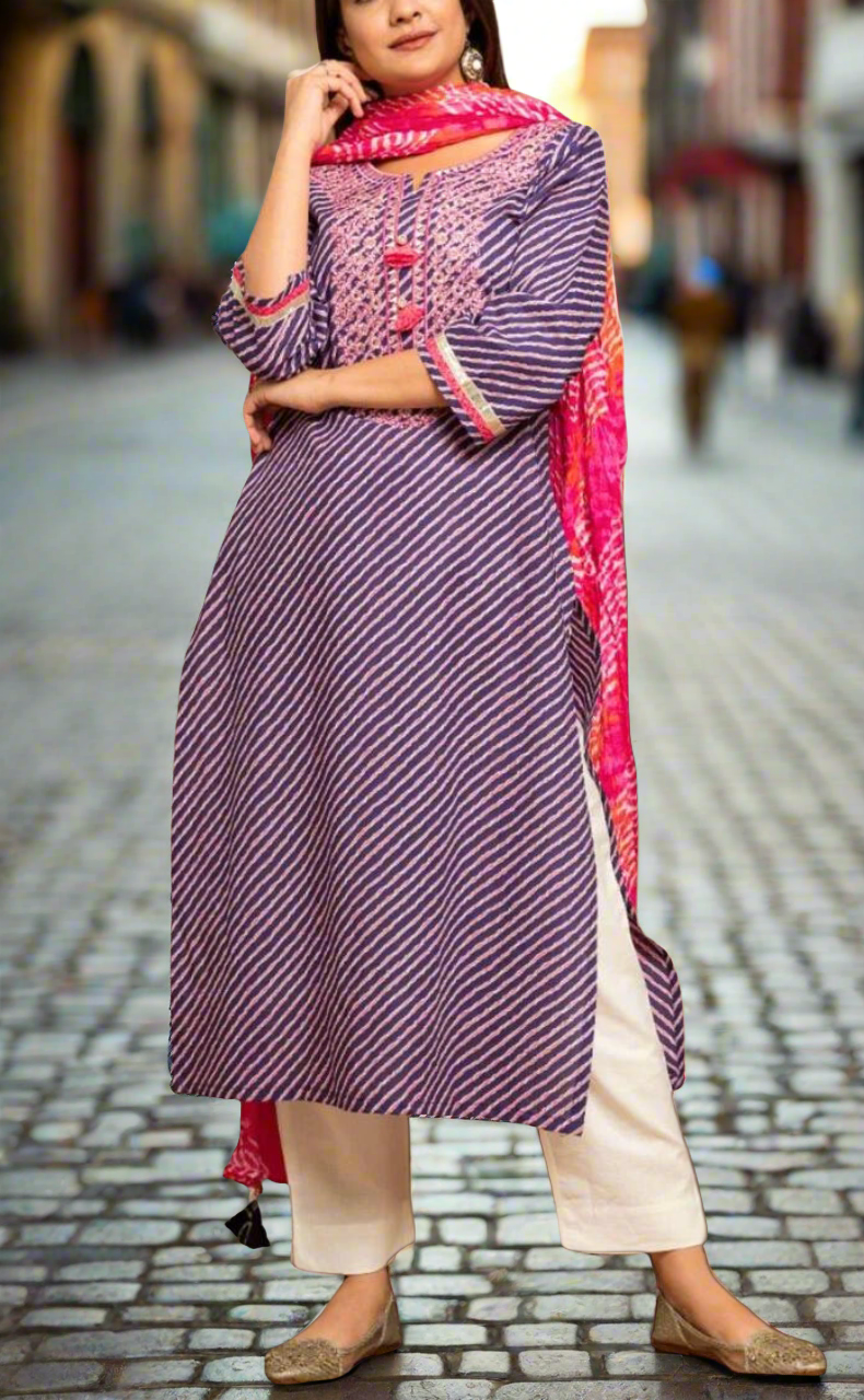 Purple/Pink Lehariya Kurti With Pant And Dupatta Set  .Pure Versatile Cotton. | Laces and Frills - Laces and Frills