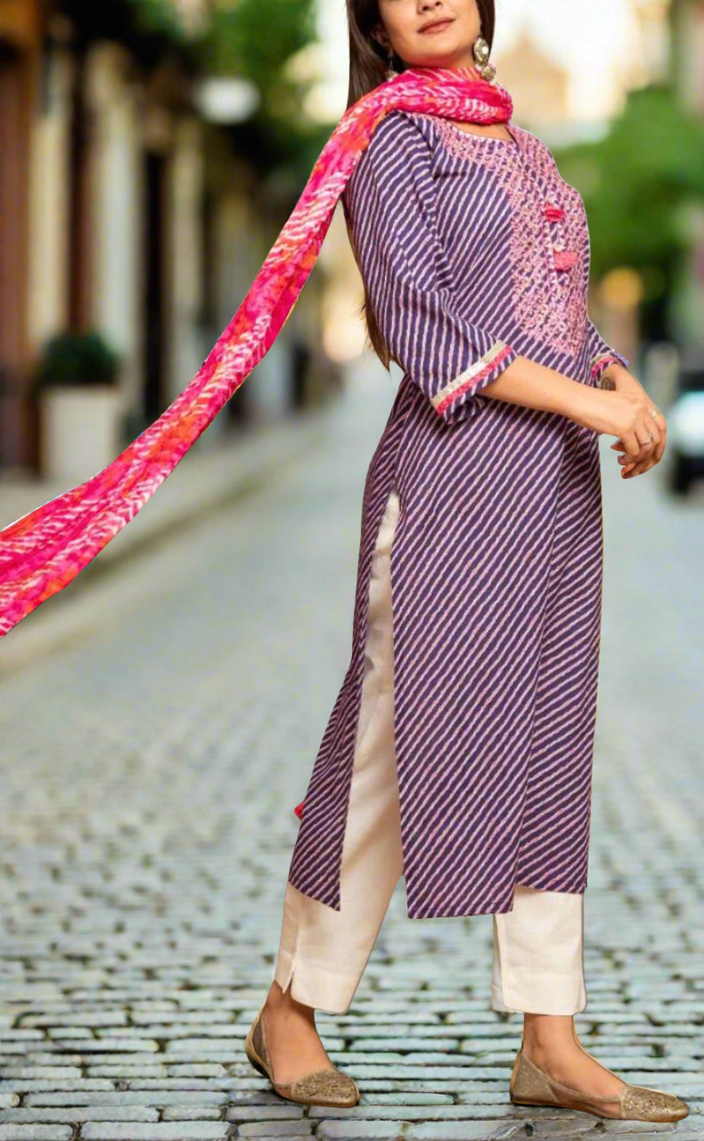 Purple/Pink Lehariya Kurti With Pant And Dupatta Set  .Pure Versatile Cotton. | Laces and Frills - Laces and Frills