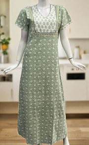 Pista Green/White Garden Pure Cotton Nighty. Pure Durable Cotton | Laces and Frills - Laces and Frills