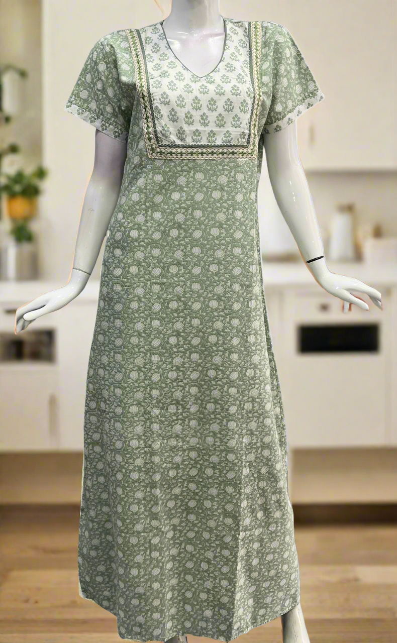 Pista Green/White Garden Pure Cotton Nighty. Pure Durable Cotton | Laces and Frills - Laces and Frills