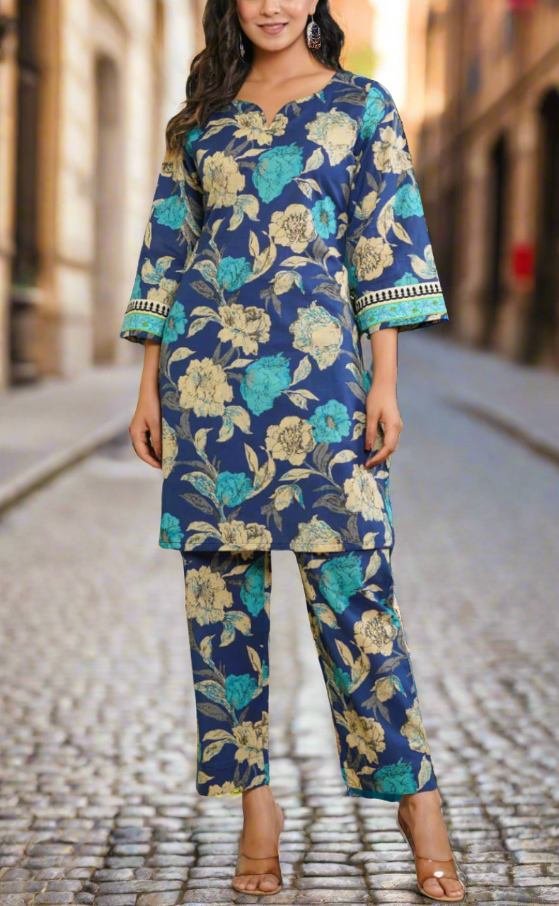 Blue Garden Jaipur Cotton Co-ord Set.Pure Versatile Cotton. | Laces and Frills - Laces and Frills