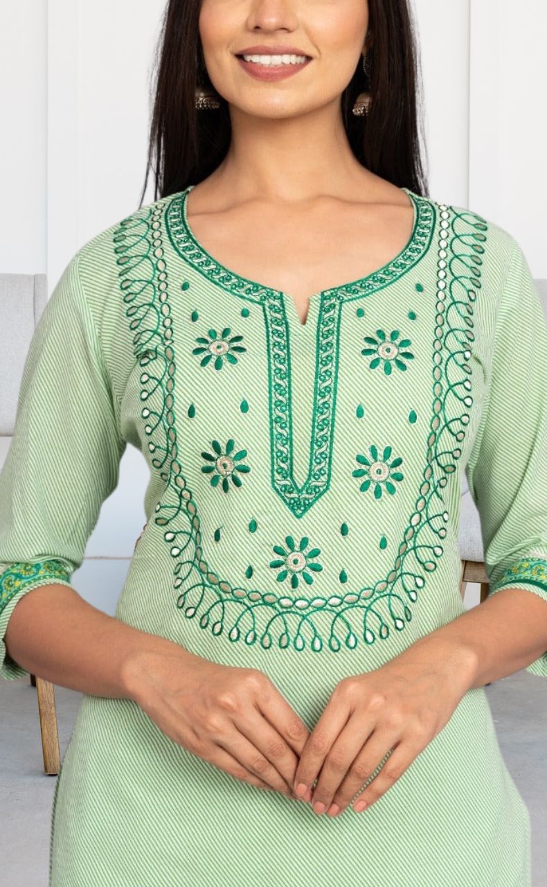 Green Embroidery Kurti With Pant And Dupatta Set.Pure Versatile Cotton. | Laces and Frills - Laces and Frills