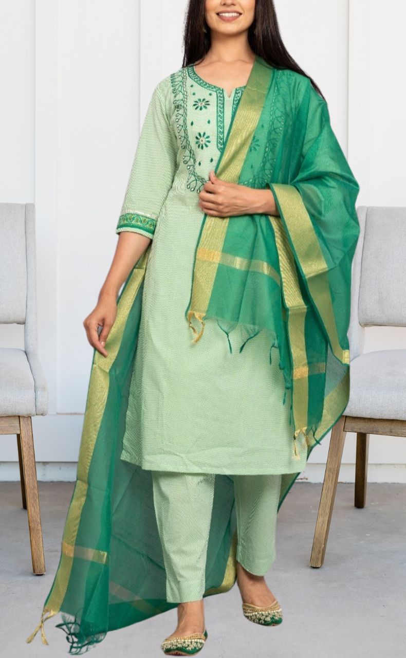 Women Poly Cotton Green Embroidered Kurta Comfort Pant Dupatta