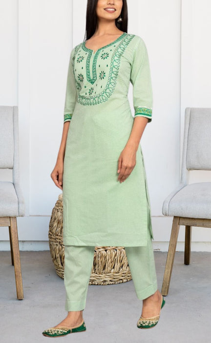 Green Embroidery Kurti With Pant And Dupatta Set.Pure Versatile Cotton. | Laces and Frills - Laces and Frills