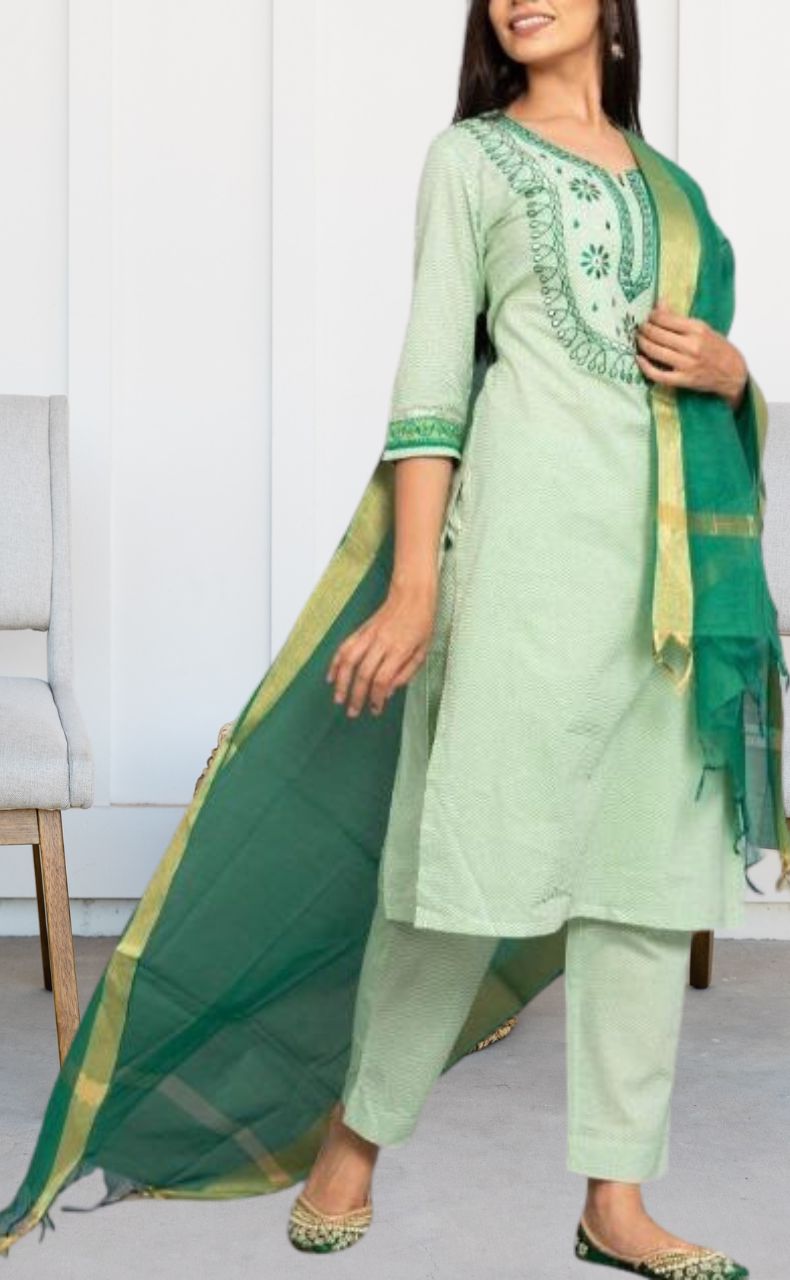 Green Embroidery Kurti With Pant And Dupatta Set.Pure Versatile Cotton. | Laces and Frills - Laces and Frills