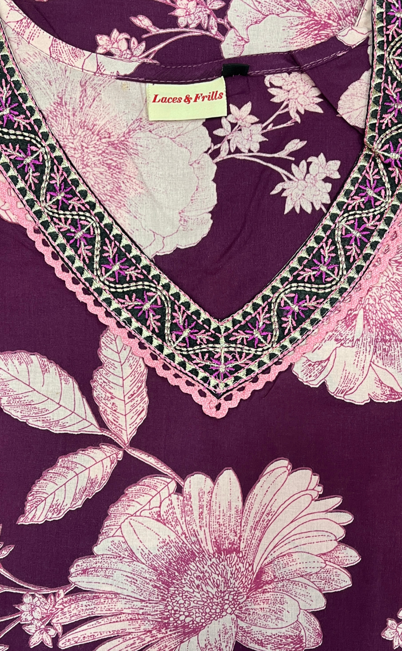 Violet Floral Jaipuri Cotton Kurti. Pure Versatile Cotton. | Laces and Frills - Laces and Frills