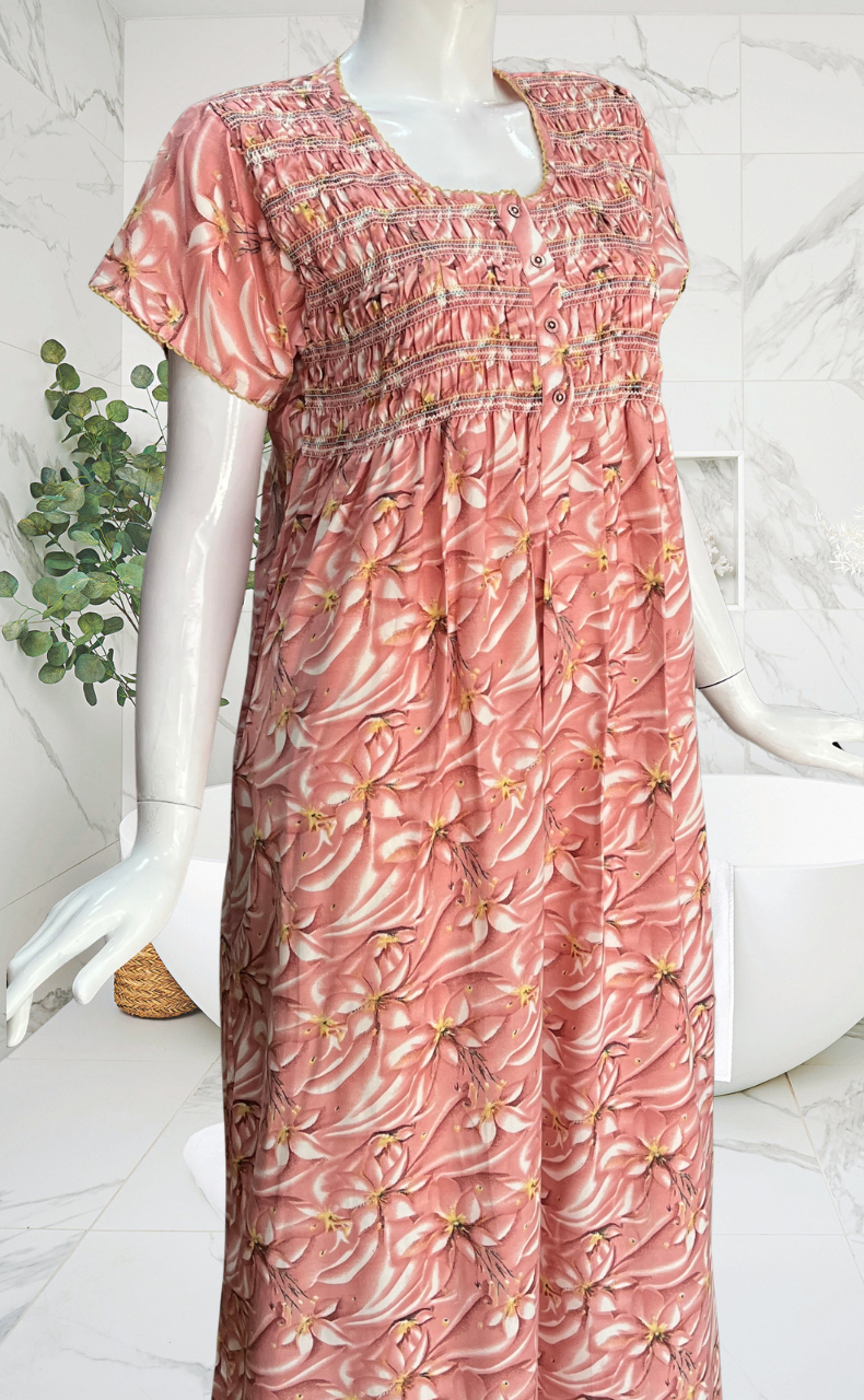 Ballerina Pink Floral Smocking Soft Cotton Nighty. Soft Breathable Fabric | Laces and Frills