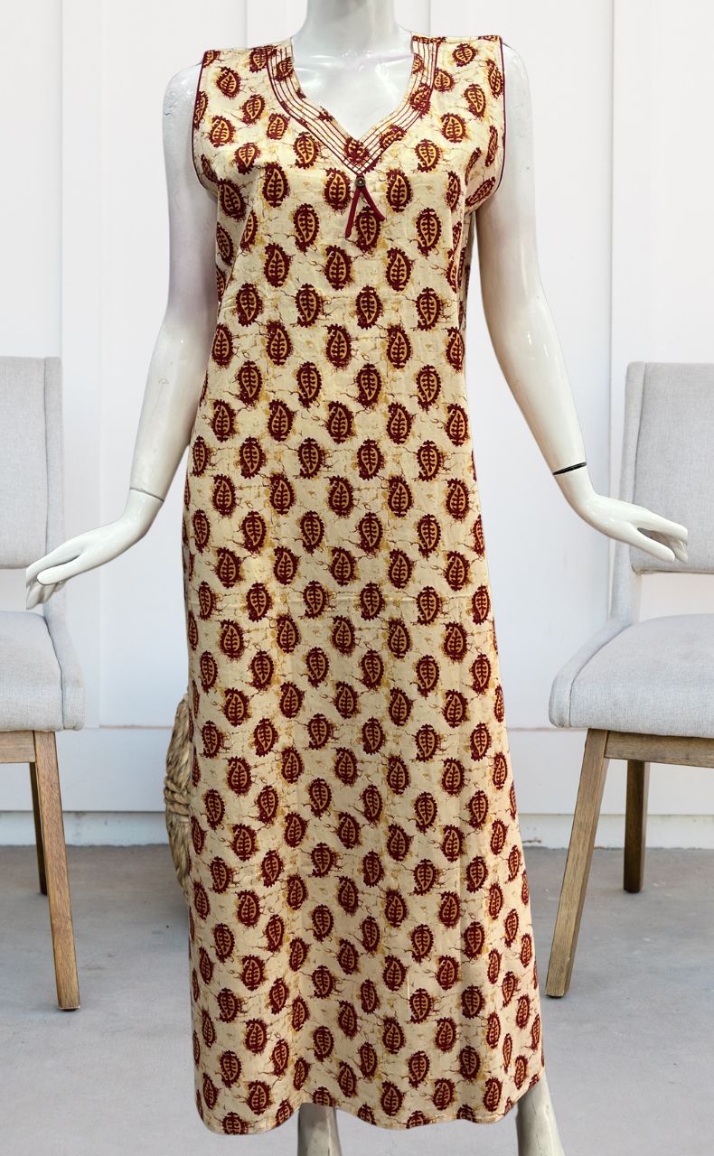 Off White/Maroon Manga Motif Sleeveless Pure Cotton Nighty. Pure Durable Cotton | Laces and Frills - Laces and Frills