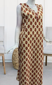 Off White/Maroon Manga Motif Sleeveless Pure Cotton Nighty. Pure Durable Cotton | Laces and Frills - Laces and Frills