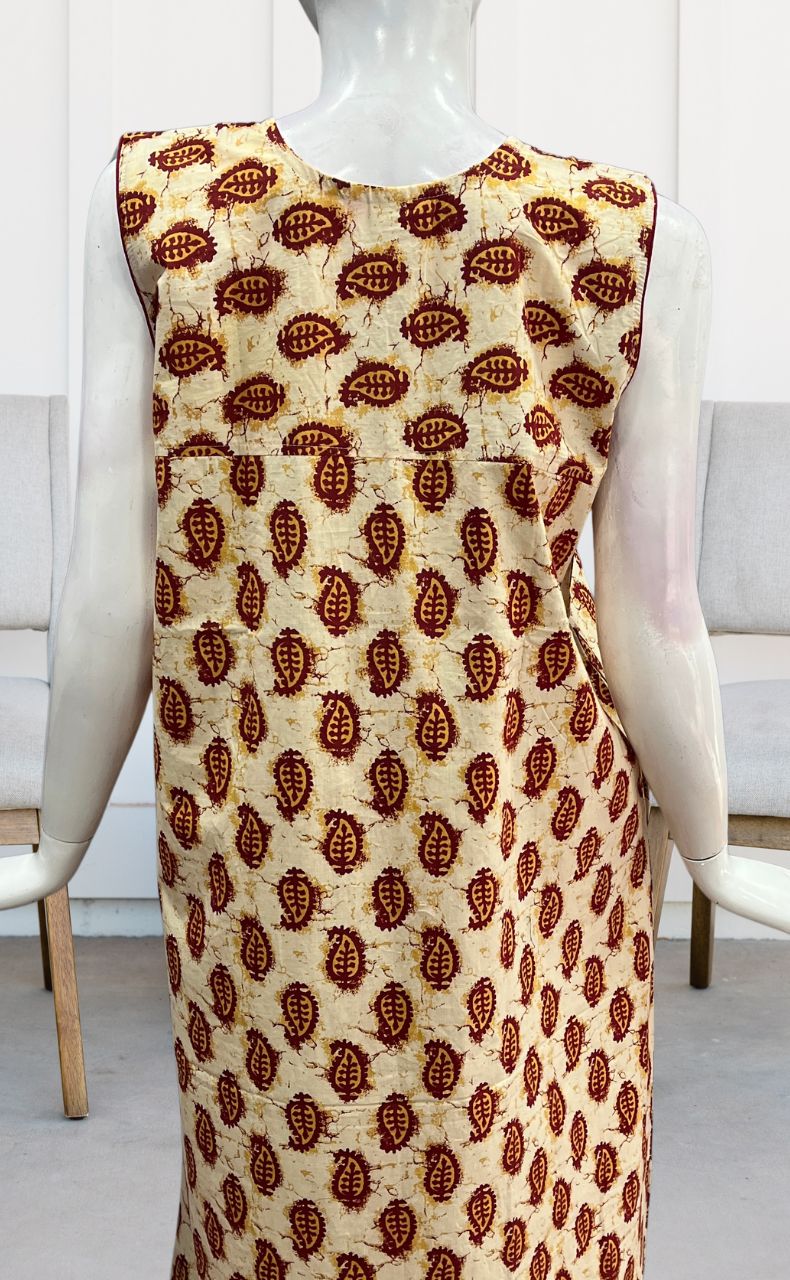 Off White/Maroon Manga Motif Sleeveless Pure Cotton Nighty. Pure Durable Cotton | Laces and Frills - Laces and Frills